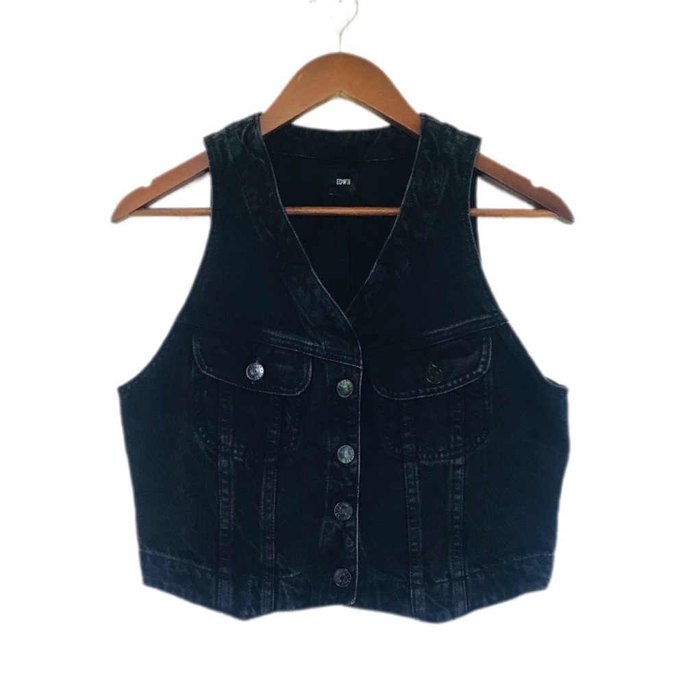 EDWIN Women’s Black Denim Button Front Biker Vest Motorcycle Western Size Small